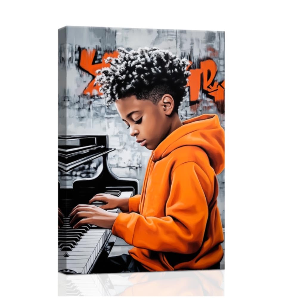 ZXHYWYM African Americans Canvas Wall Art Black Music Painting African Children Pictures Playing Violin Piano Artwork Prints Kids Room Classroom Decor Framed (Orange, (70.00 x 105.00 cms))