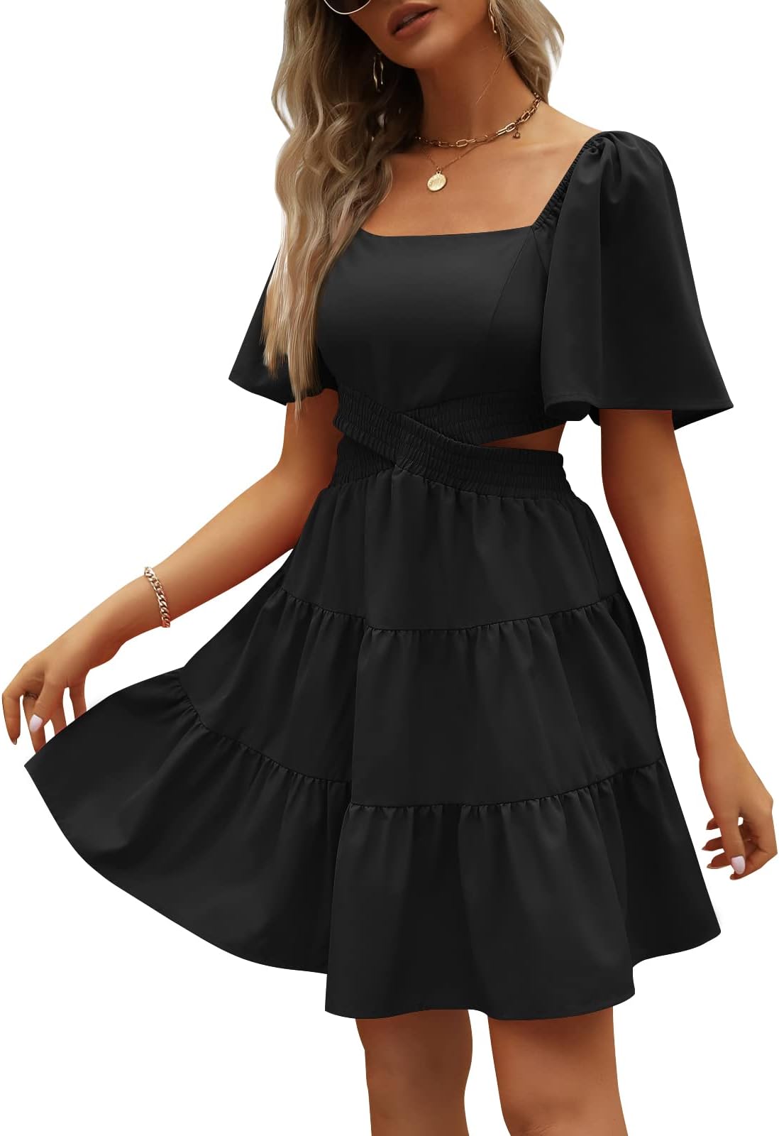 LILLUSORYWomens 2024 Summer Cutout Mini Dresses Short Sleeve Square Neck Crossover Waist Dress