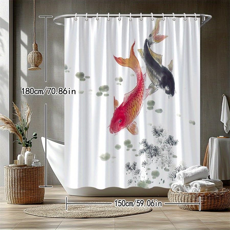 Traditioneller japanischer Duschvorhang mit Koi-Karpfen und Seerosen, wasserdichter Stoff-Badezimmervorhang, Badewannenabtrennung, Badewannendekoration (250 x 220 cm/B x H)
