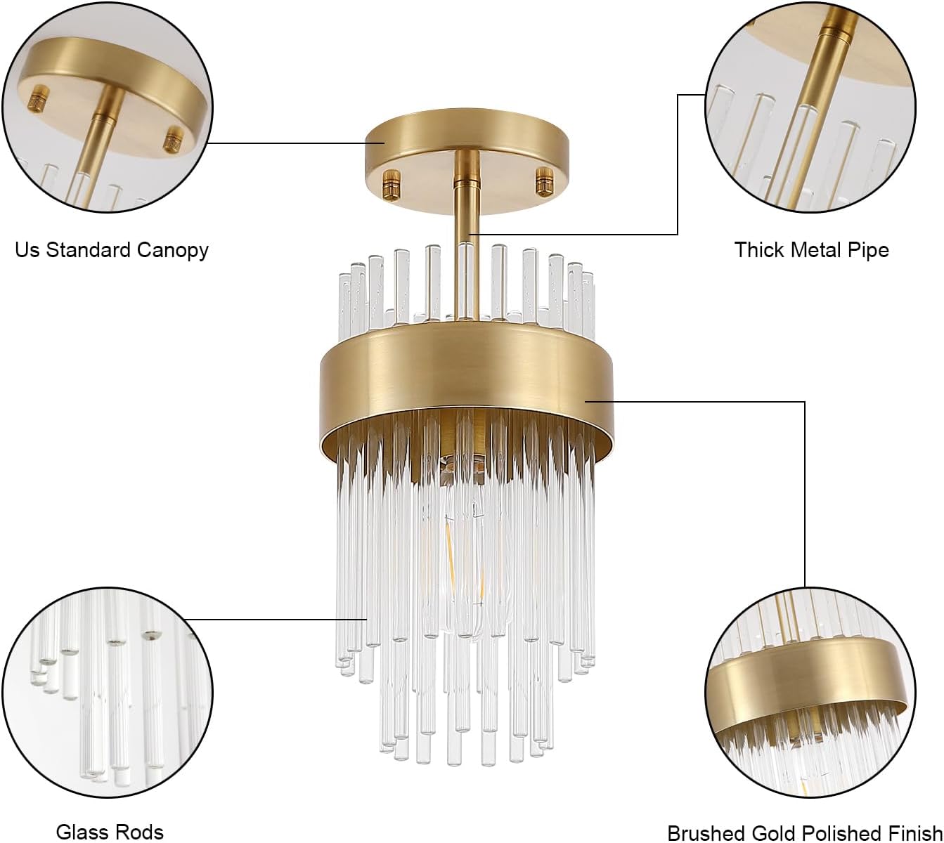 Gold Semi Flush Mount Ceiling Light 2 Pack,2-Tiers Modern Ceiling Light Fixture with Crystal Glass Rods, Mini 1-Light Chandelier Lamp for Kitchen Hallway Entryway Porch Foyer