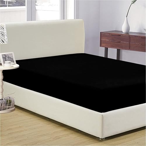 Sábana bajera ajustable de 400 hilos, 100 % algodón, sábana bajera de tamaño matrimonial, color negro, larga algodón natural peinado de grapas,