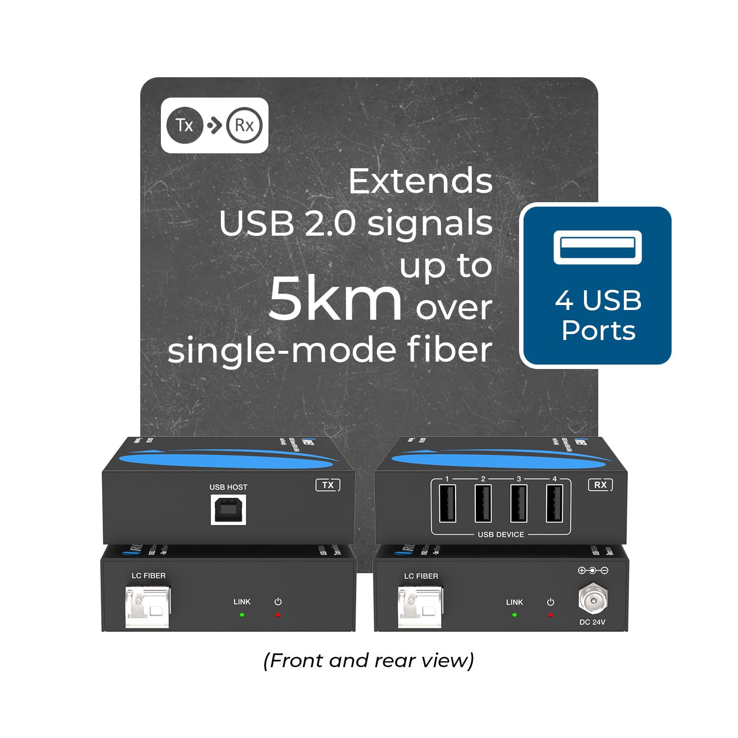 OREI Extension de fibre USB 2.0 de 5 km – Extension USB industrielle à 4 ports sur fibre monomode – 480 Mbps Plug and Play pour Windows Mac Linux