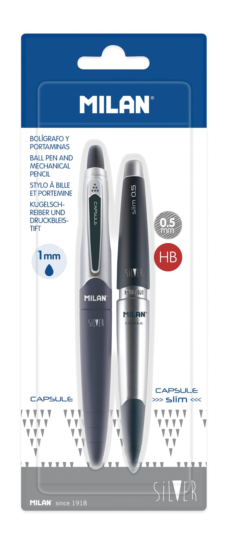 MILAN Blister Pack of 1 Blue Pen and 1 Mechanical Pencil 0.5 mm Capsule Silver