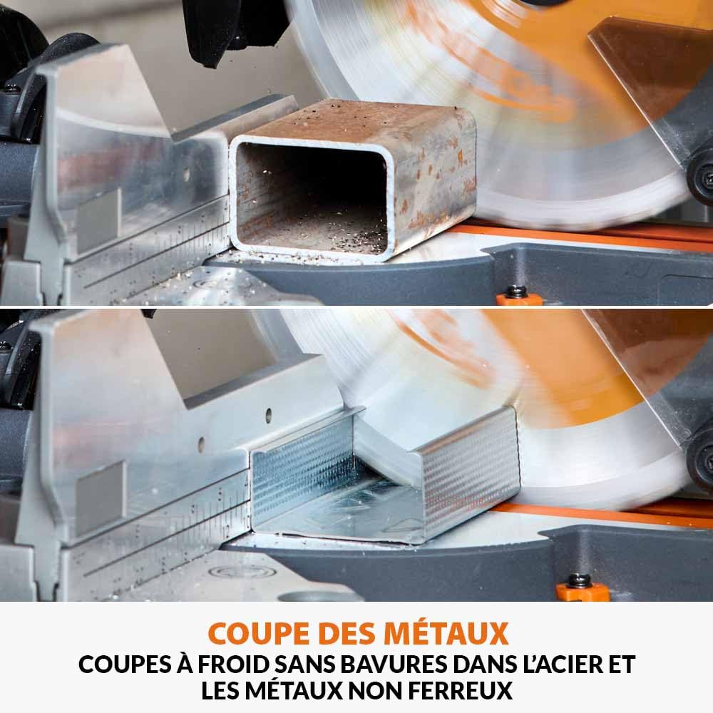 Evolution Power Tools R255SMS-DB-Li Scie à onglets coulissante sans balais à double biseau sans fil Li-Ion EXT lame multi-matériaux, coupe le bois le métal le plastique 255 mm - Batteries non incluses