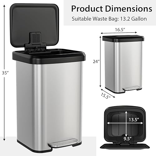 Miniatura 7 de Goplus Cubo de basura rectangular de acero inoxidable de 13 galones (50 litros), con tapa de cierre suave, pedal de pie y compartimento desodorante,