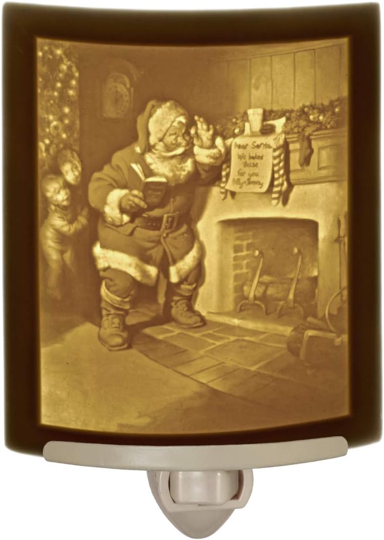 The Porcelain Garden Santa's Surprise - Curved Fine Porcelain Lithophane Night Light, Decorative wall Plug in Nursery, Bedroom Kitchen, Bath, Hallway Holiday Themed Accent Light