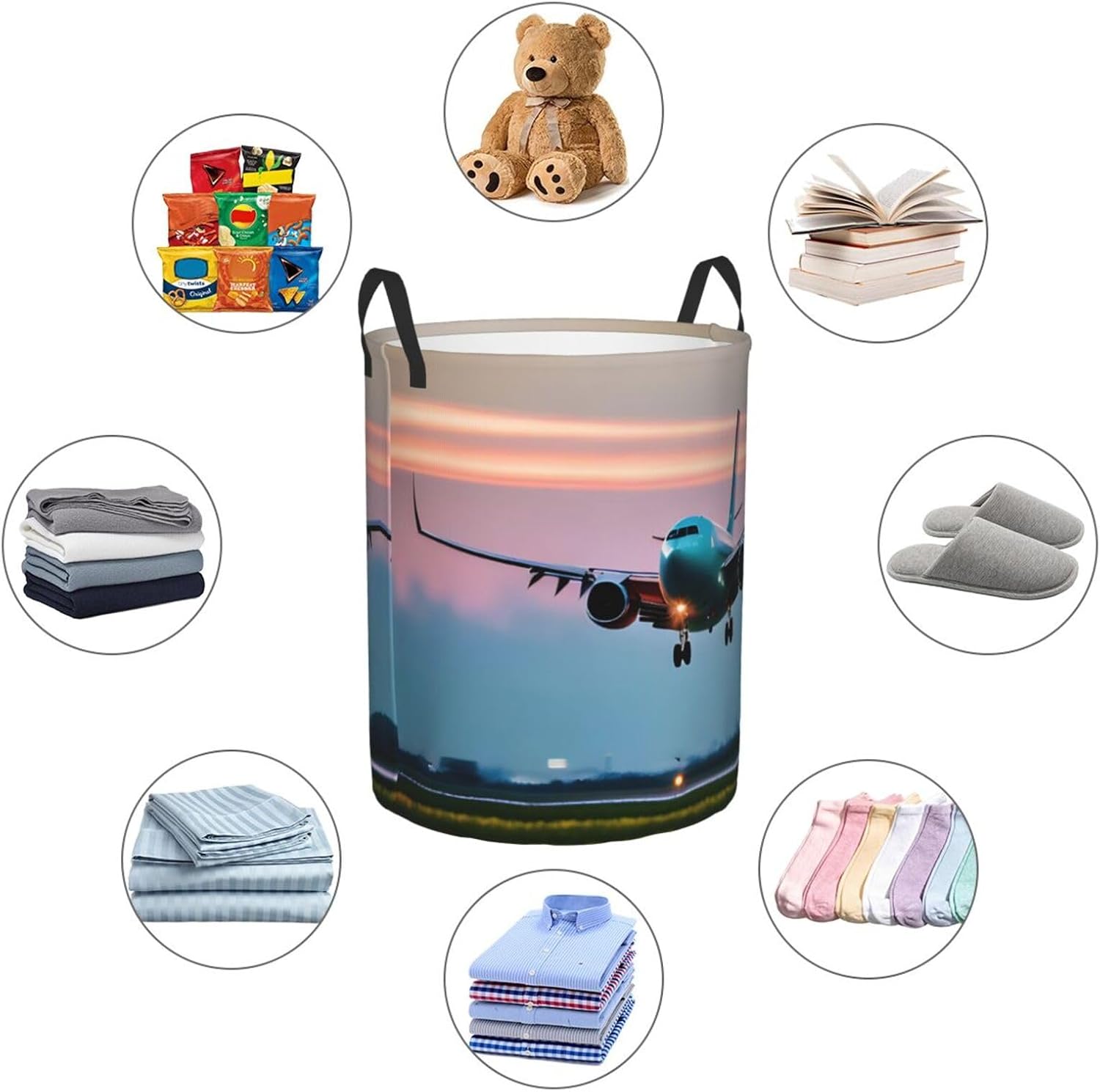 Airplane In The Evening Lights Circular Hamper - Dirty Clothes Storage Bucket Hamper For Organizing Laundry And Bedroom Storage