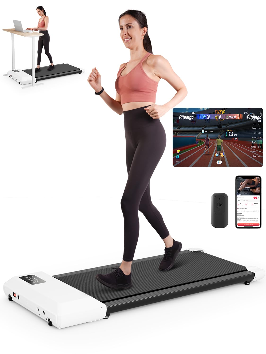 DeerRun Walking Pad Treadmill, Walking Pad Under Desk, Under Desk Treadmills for Home Office, Quiet Portable Walking Treadmill, 2.5 HP, APP/Remote Control, LED Display, Installation-Free