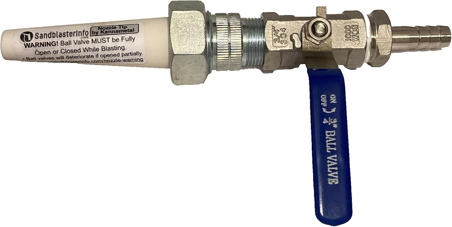 Large Sandblaster Nozzle Assembly with (5/32" ID) Ceramic Tip & Barbed Fitting: (C1 Series Nozzle Tip), Steel Ball Valve & Holder + 1/2" ID Barbed Hose Fitting