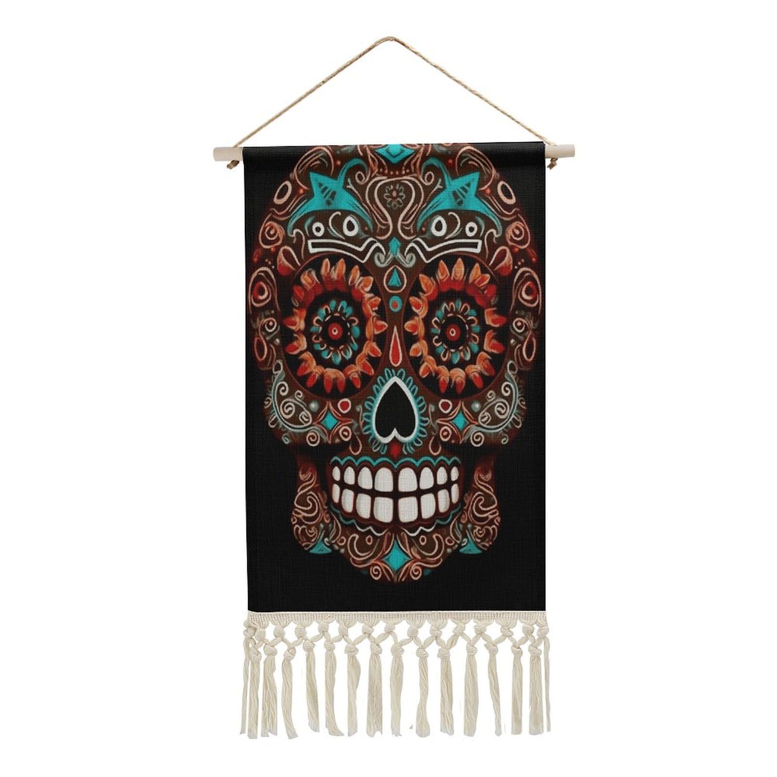 Adfgyerh Style Sugar Skulls Day Of The Dead Tapestry With Tassels Cotton And Linen Hanging Posters, Wall Art For Travel Gift, Wall Tapestry For Office Home Decor Bedroom Living Room Decor