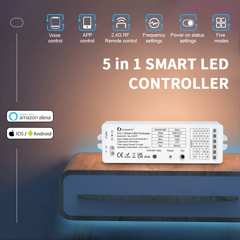 GLEDOPTO LED ZigBee Control Unit for LED Stripe Plain CCT Ciepły White Cool White RGBW or RGBWW and RGB+CCT WRGBWW Compatible withHue*, Alexa Echo, SmartThings (5 w 1 kontroler)