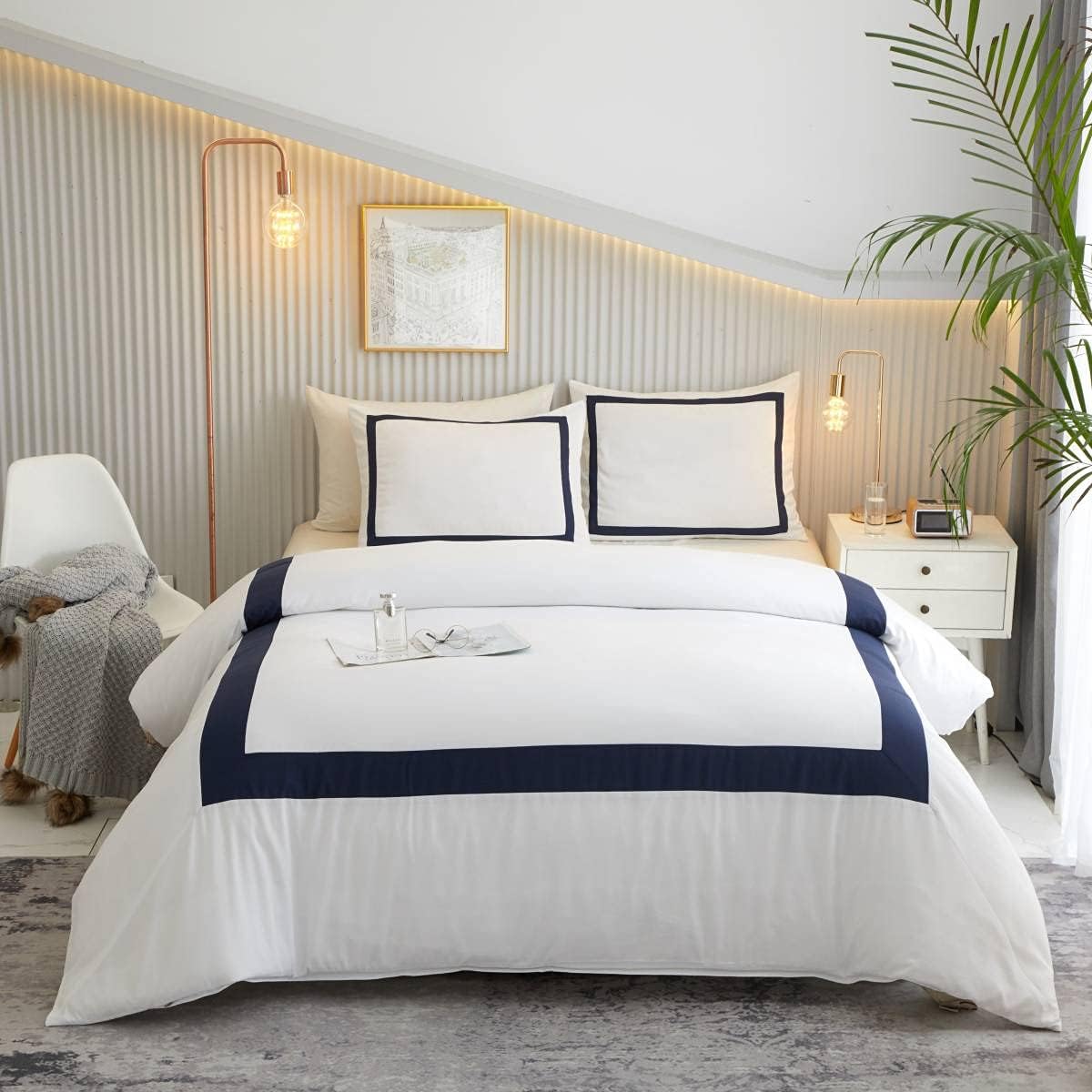 ALADDIN HOME Hotel Collection Duvet Cover Set King Navy Blue Band Stitch Luxury Bedding Sets with Zipper Closure Ultra Soft (White-Navy Band,King)