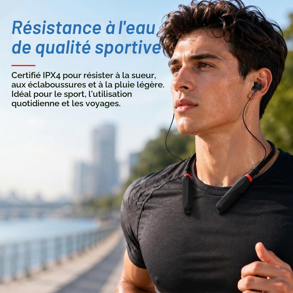 Écouteurs Bluetooth Sport À Tour De Cou avec Câble 200H de Lecture, Casque Bluetooth sans Fil, Écouteurs Intra-Auriculaires Bluetooth IPX4, Écouteurs Magnétiques pour Fitness Course Bureau, Noir