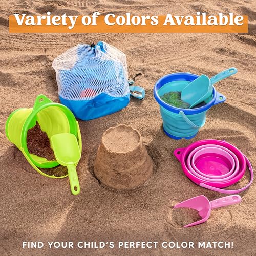 JOYIN 3 Packs Foldable Pail Bucket with Shovels & Mesh Bag, Collapsible Buckets Multi Purpose for Beach, Camping Gear, Beach Party, Fishing, and Fun Summer Activities (Blue/Pink/Green) by JOYIN - Used condition - Image 4