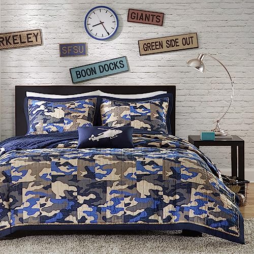 Mi Zone Cozy Quilt Set, Casual Modern Design, All Season Teen Bedding Coverlet Bedspread, Decorative Pillow, Boys Bedroom Décor, Full/Queen, Josh Blue 4 Piece #TOP1