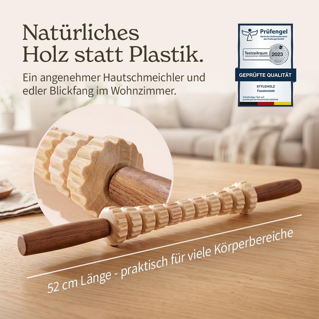 Faszienstab Woodstick FLEX mit GERILLTEN Massage-Elementen [DAS ORIGINAL aus Österreich – Echte Handarbeit] Biegsamer Faszien-Massagestab aus Holz – Faszientraining, ohne Rollen am Boden