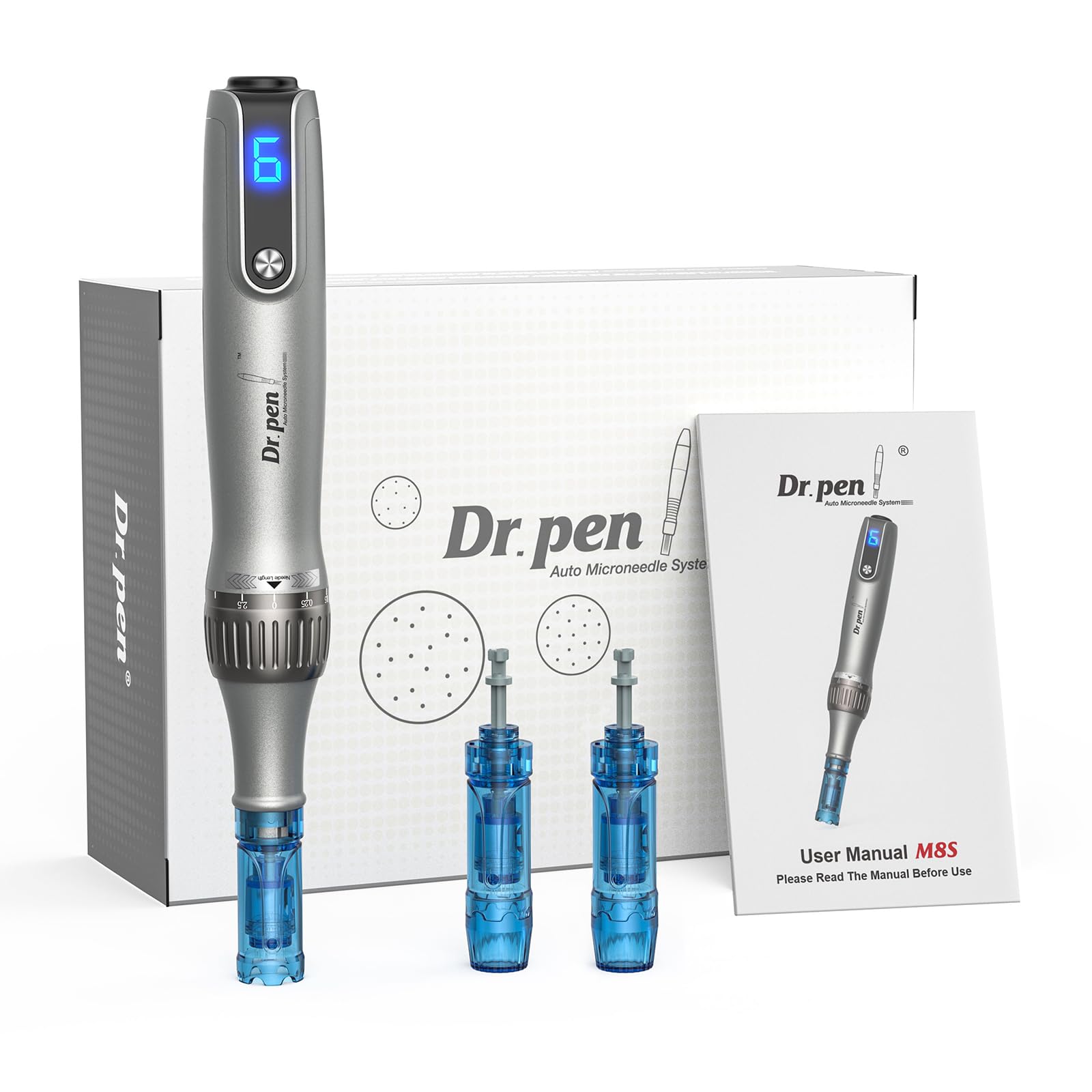 Dr. Pen Microneedling, Penna Microneedling Professionale M8S Wireless Elettrica con 2 Cartucce di Ricambio a 18 Pin, 6 Livelli di Velocità Regolabili da 0,25 a 2,5 mm