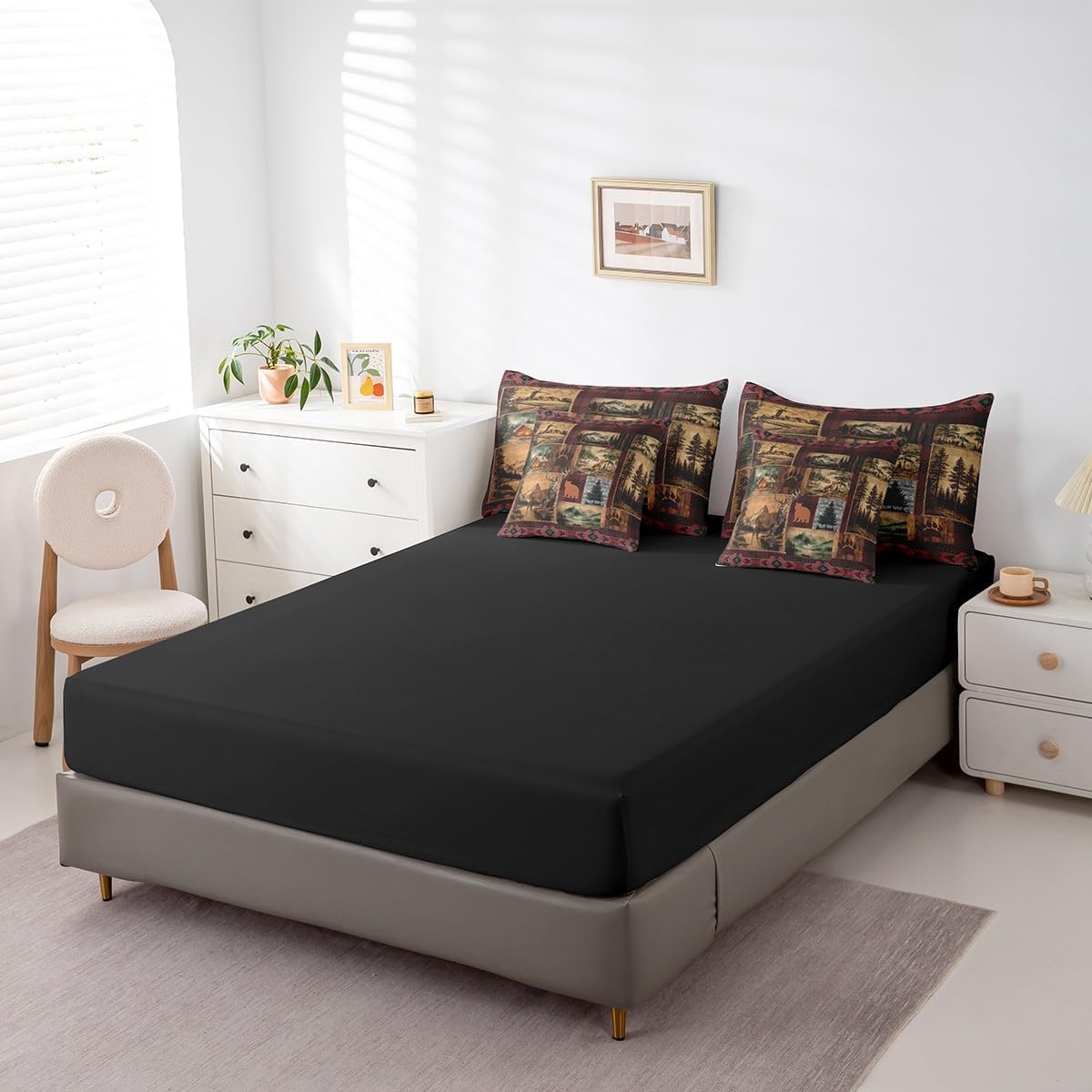 Erosebridal Patchwork Cabin Lodge Bedding Set Queen 7 Pcs,Bear Deer Hunting Bed in a Bag with Flat Fitted Sheet,Boho Exotic Comforter Set with Pillowcase and Sham,Woodland Animal Bed Sheets Set - Image 5