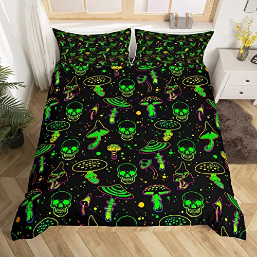 Erosebridal Trippy Mushroom Duvet Cover Full Hippie Death Skull Bedding Set Neon Glowing Comforter Cover Creepy Halloween Themed Bed Sets Black and Green Bedding for Kids Teens Room