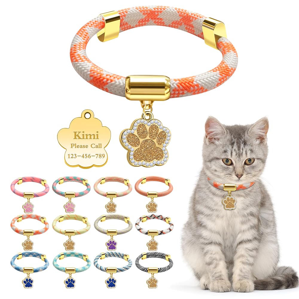 Personalized Breakaway Cat Collars with Magnetic Quick Release Buckle, Custom Engraved Name Tag for Girls & Boys Cats, Glow in The Dark Design for Outdoor Cats (Orange and White)