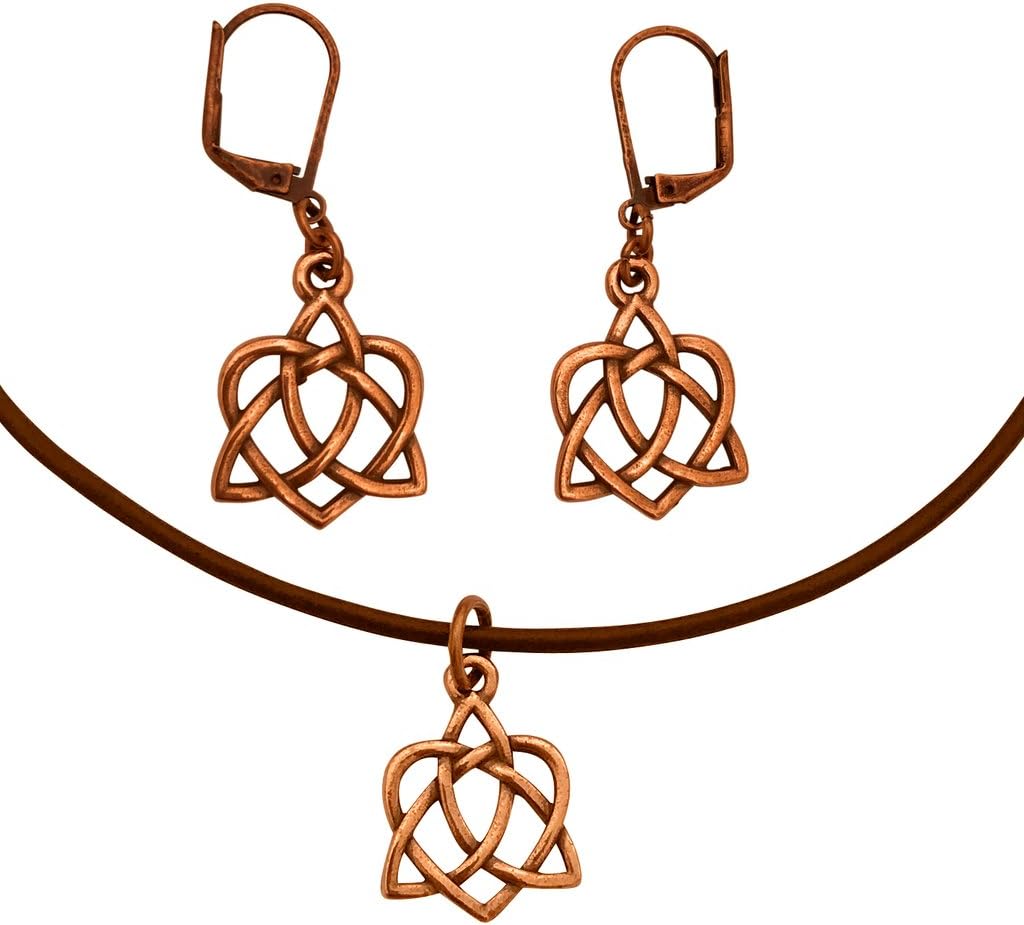 DragonWeave Celtic Heart Open Knot Charm Necklace & Earring Set, Antique Copper Brown Leather Adjustable