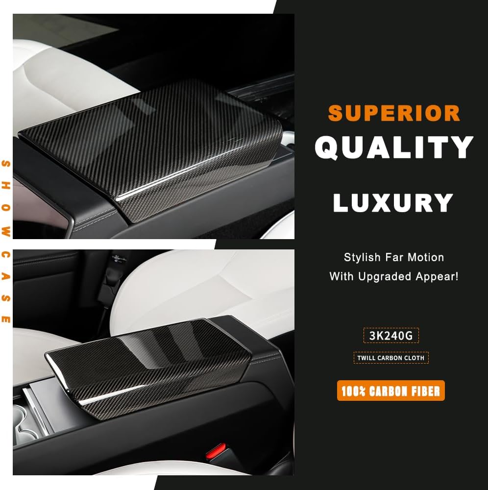 JSWAN Carbon Fiber Center Console Armrest Cover Fit for Tesla New Refreshed Model 3 Highland Performance (2024+) Model Y Juniper (2025+) Center Console Armrest Box Protector Mat (Bright Black)