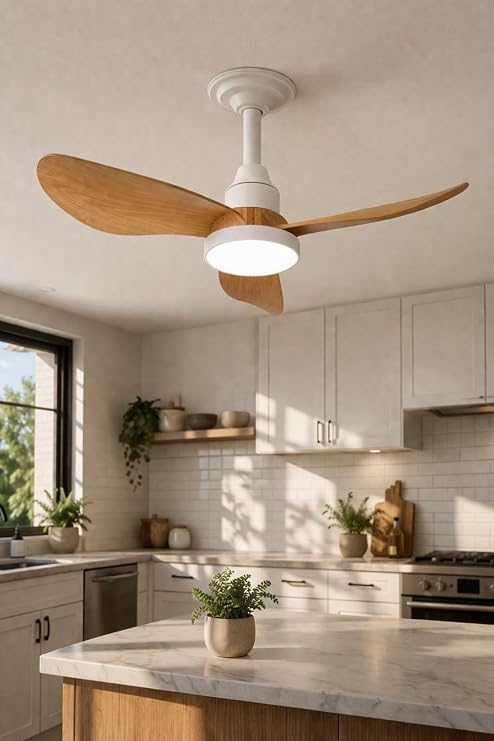 Ahşap Görünümlü LED Tavan Vantilatörü, 82 cm, Beyaz/Siyah, Plastik, Uzaktan Kumandalı, Dimmerli Aydınlatma, 6 Kademeli Hız Ayarı, İç Mekan [Enerji Sınıfı F]