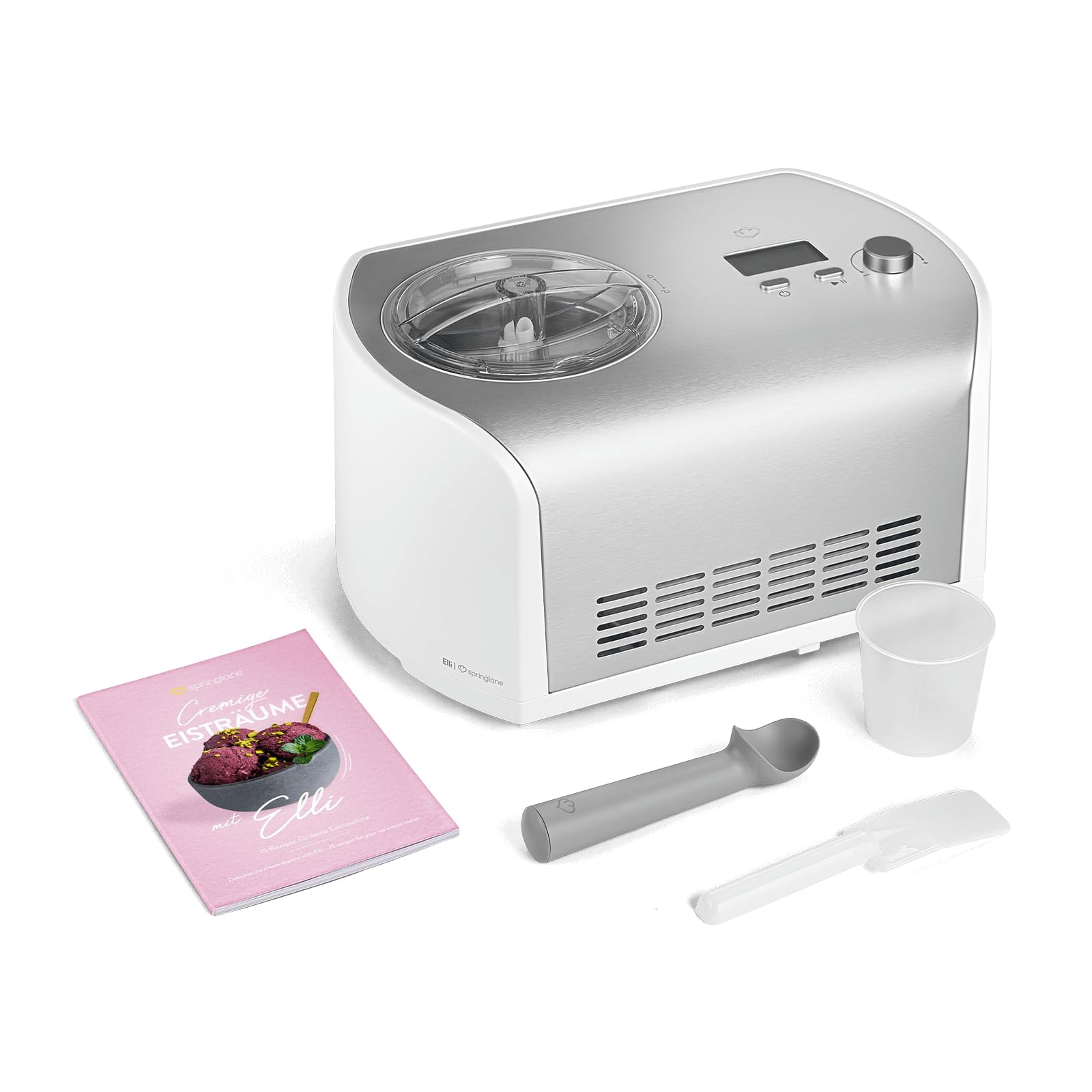SPRINGLANE Gelatiera Elli con compressore autoraffreddante, gelatiera in acciaio inossidabile con contenitore per gelato rimovibile (Argento, 1,2 L)