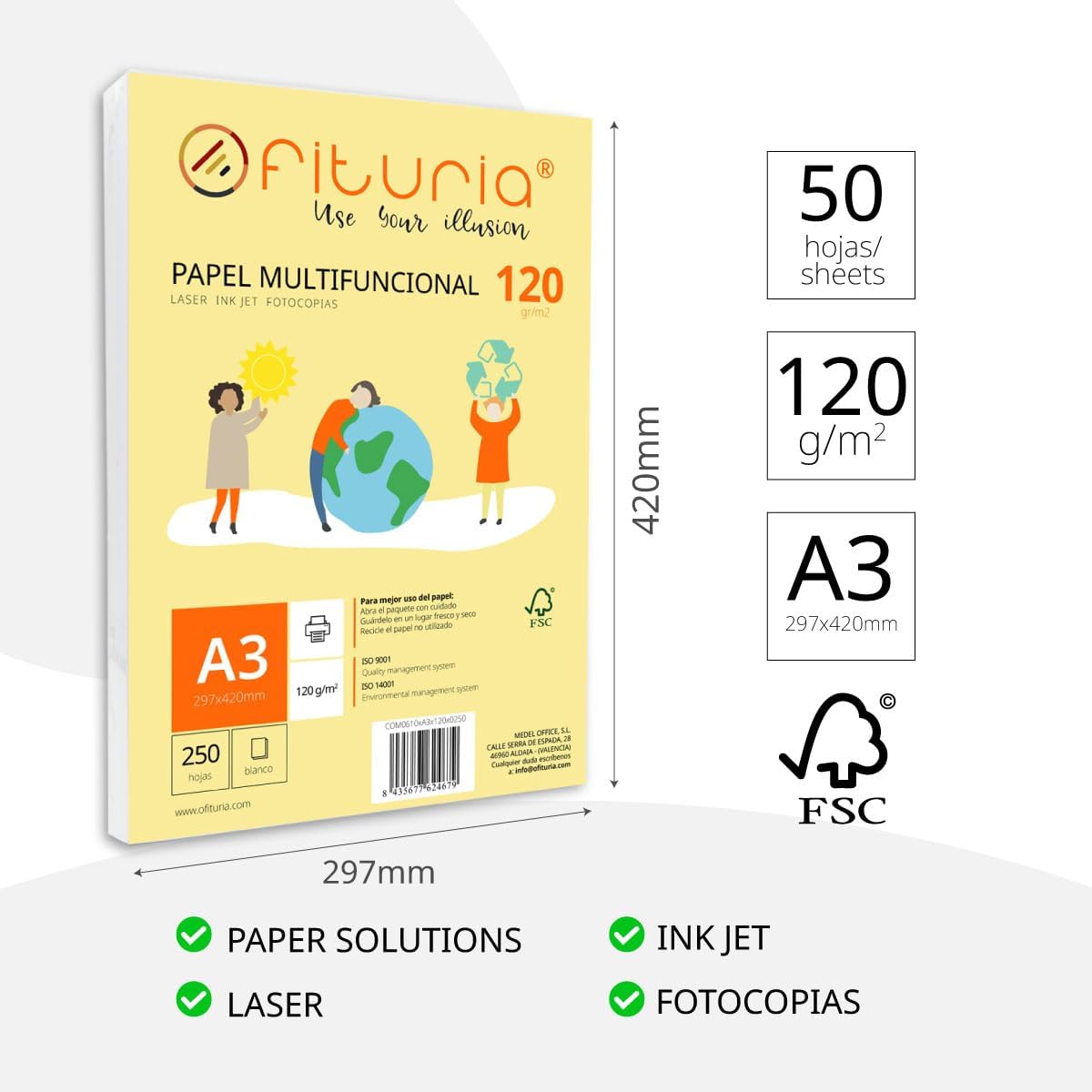 A3 120g Paper Ream with 50 White Sheets Multifunctional Printer Paper Ideal for School, Office and Work Environments Perfect for Laser, Injection or Photocopier Printers - Ofituria