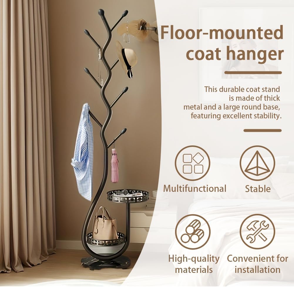 Metal Standing Coat Rack, Small Space Coat Rack Freestanding Hanger Coat Stand with Natural Metal Base & 8 Hooks, Tree-Shaped Coat Rack for Entryway, Hallway, Bedroom, can Hang Clothes, Hats (Black)