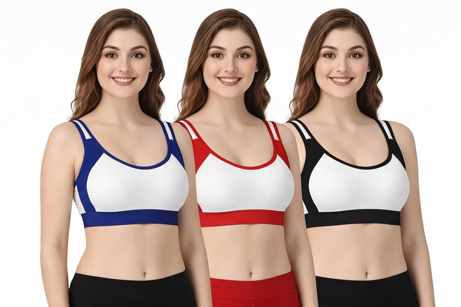 Wonkey Women Sport Bra Pack of 3 Combo Breathable & Adjustable, Easy Comfort