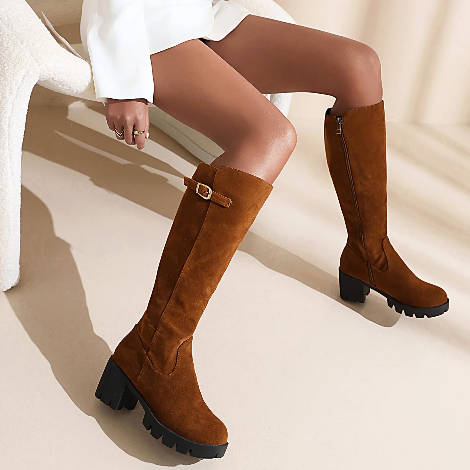 Botas De Caballero Mate con Punta Redonda Y Hebilla De Cinturón Inferior Gruesa De Tacón Cuadrado Grande Botas Altas para Mujer