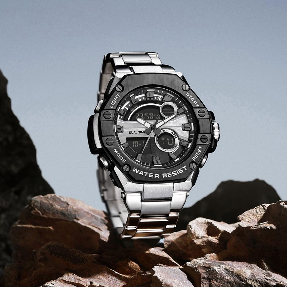 findtime Montre de sport militaire pour homme - Montre numérique étanche - Bracelet en acier inoxydable - Montre robuste avec rétroéclairage LED - Alarme et chronomètre