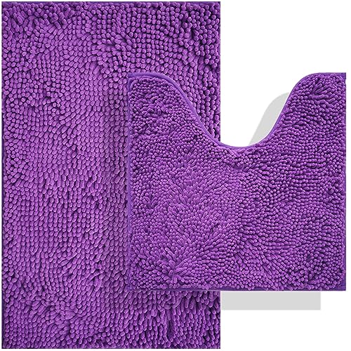 Image of BOANKODU Bathroom Rug Set, 2 Piece Chenille Bath Mat, Non-Slip, 32x20 Inch + 20x20 Inch U Shape, Machine Washable (Violet)