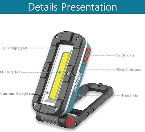 Vista 2 de SUNREI Luces de trabajo magnéticas recargables LED COB, 1100 lúmenes, base magnética y colgante, 7 modos, linterna magnética para lugar de trabajo