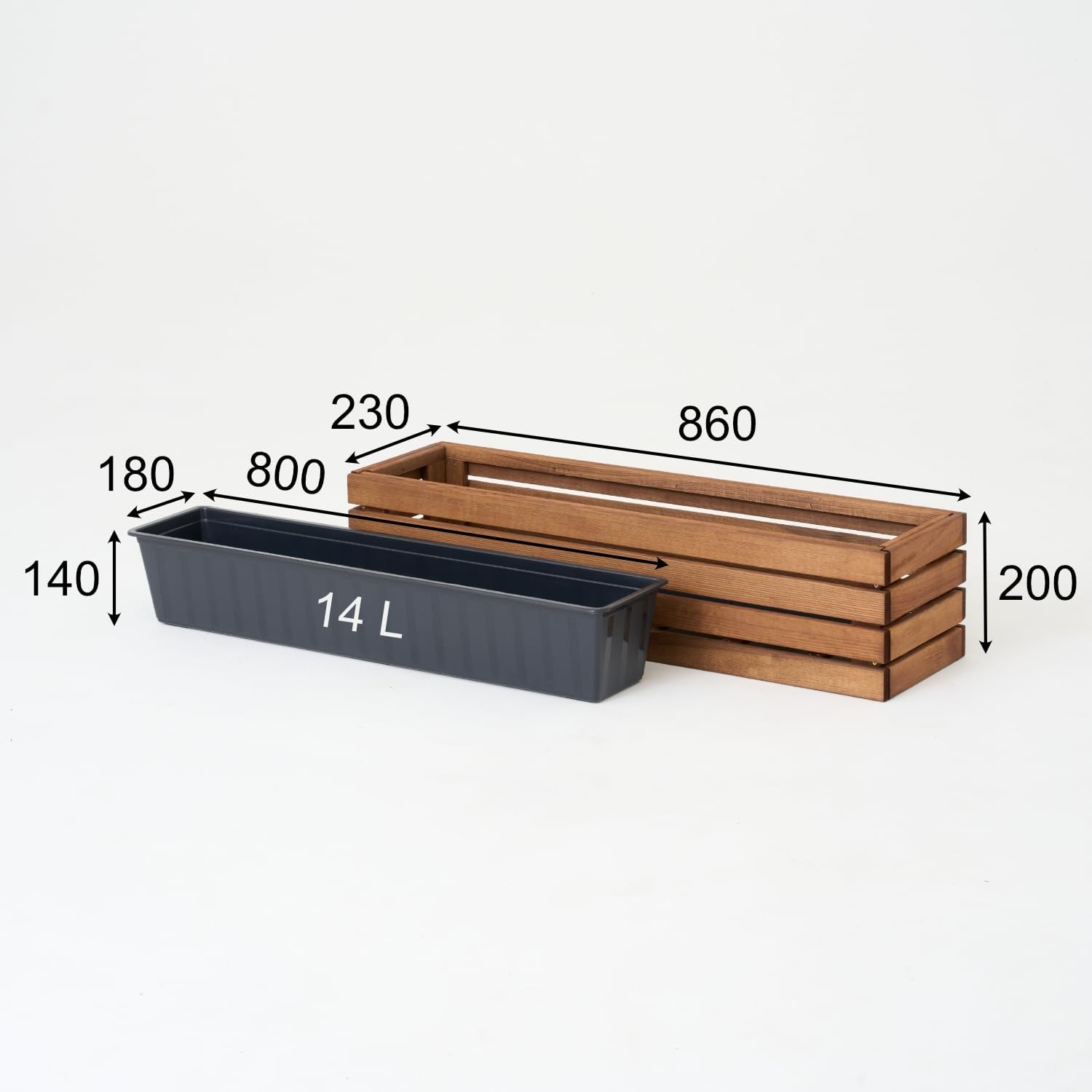Jardinera de madera rectangular – marrón impregnada, con inserto de plástico extraíble – Maceta para balcón, jardín y terraza (Horizontal-marrón, 86x23 H20)