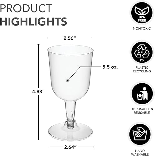Miniatura 2 de Party Essentials Copas de vino desechables de plástico duro de dos piezas, 100 unidades, 5.5 onzas, transparente