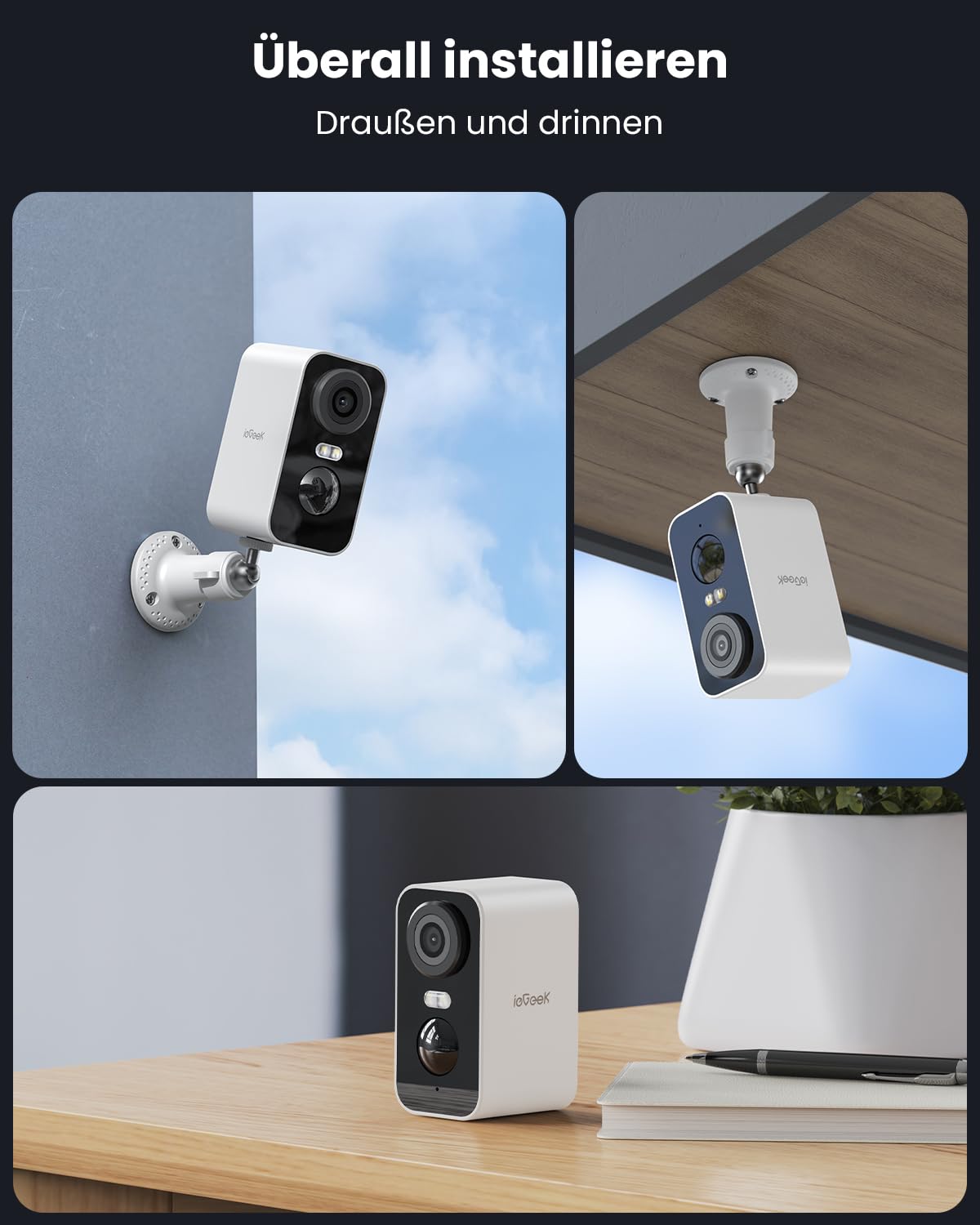 ieGeek 2K/3MP Überwachungskamera Aussen Akku，WLAN Kabellose Überwachungskamera außen/innen mit farbige Nachtsicht，PIR-Bewegungserkennung，Cloud/Memory Card，IP65，2-Wege Audio，2,4 GHz