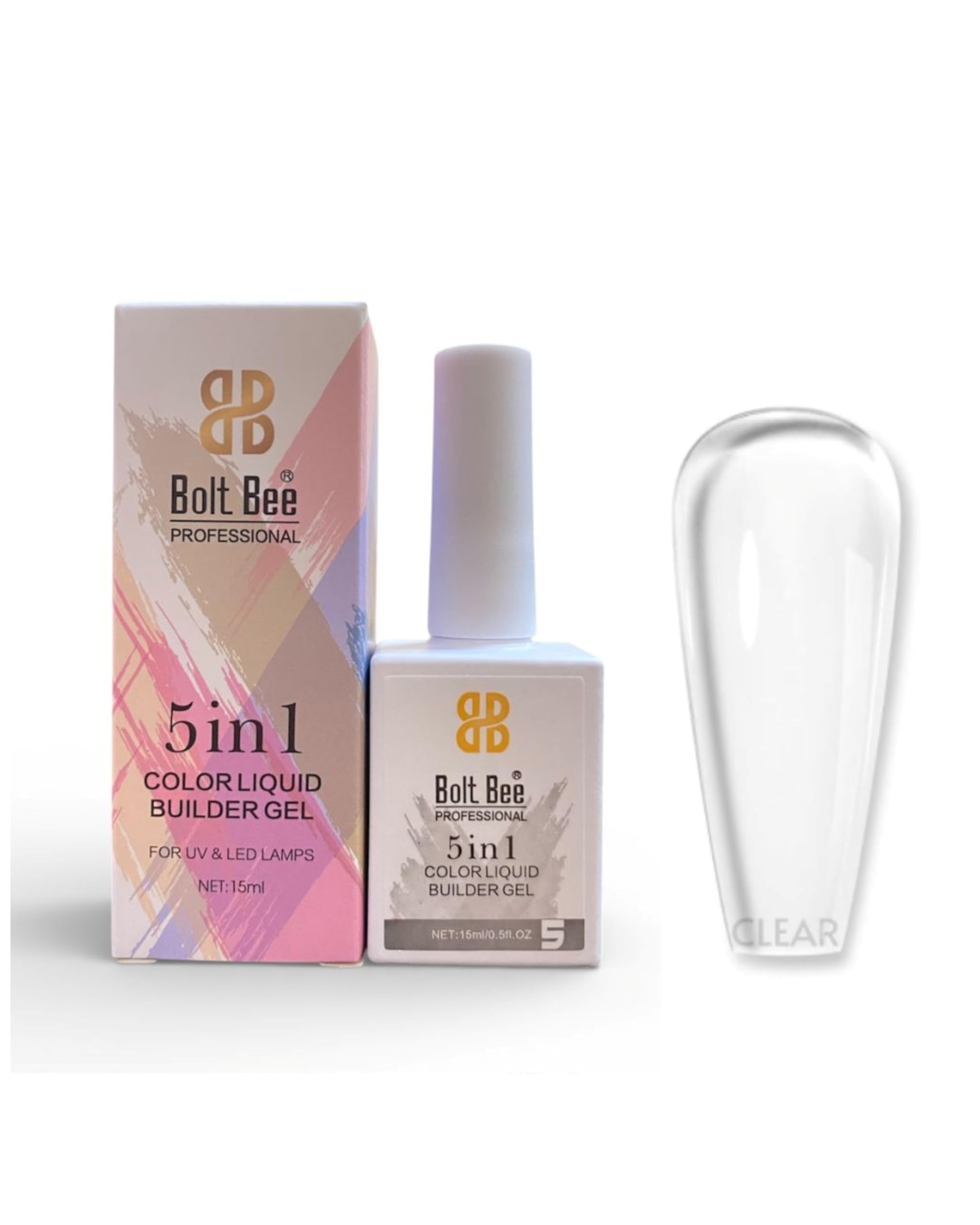 bolt bee 5 in 1 colorliquid builder gel biab clear,pink,nude,white builder gel for nails, 15ml nail strengthener in a bottle, nail extension hard gel, soak off long lasting uv light cure (clear)