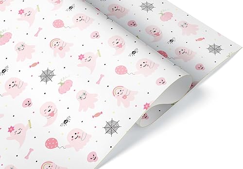 Papel de regalo grueso de fantasma rosa lindo para decoración de Halloween, papel de regalo para niños con temática de araña de otoño (rollo de 12