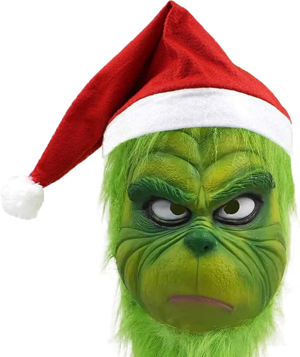 WPOZD Deluxe Christmas Mask with Santa Hat, Green Plush Fur, Holiday Costume Accessory