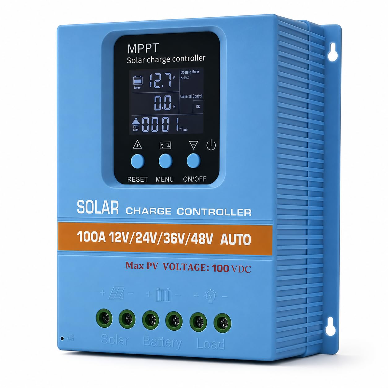 Regulador de carga solar MPPT de 100 A, 12 V, 24 V, 36 V, 48 V, LCD para baterías de plomo y litio | Detección automática de voltaje, circuitos de protección, montaje en pared compacto