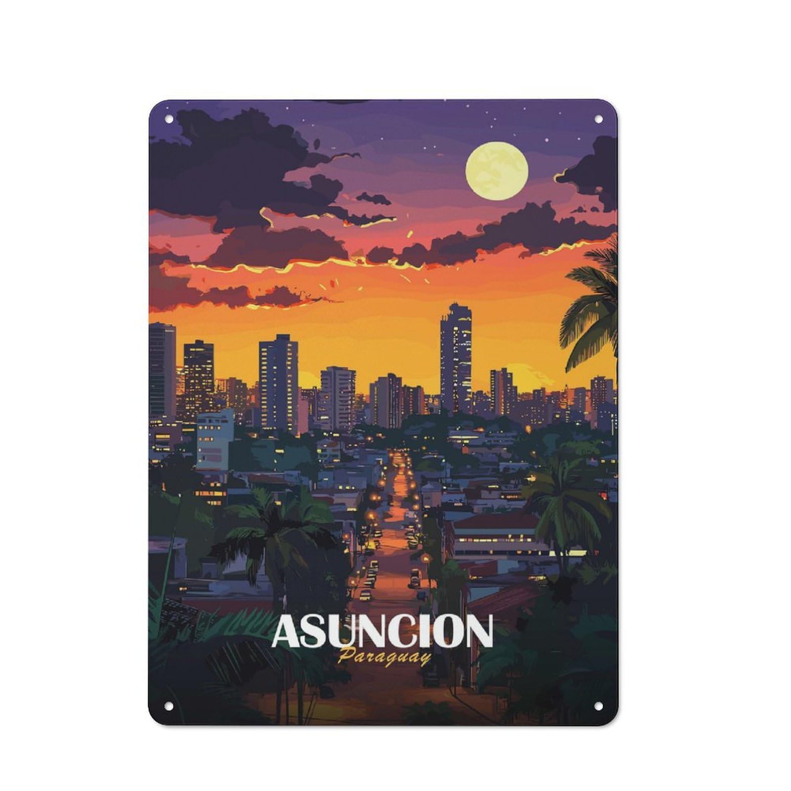 Junmoney Asuncion, Paraguay Cityscape At Night Metal Wall Sign 40X30cm Featuring For Pub Or Café, For Pub Decor Enthusiasts, For Retro Home Interiors
