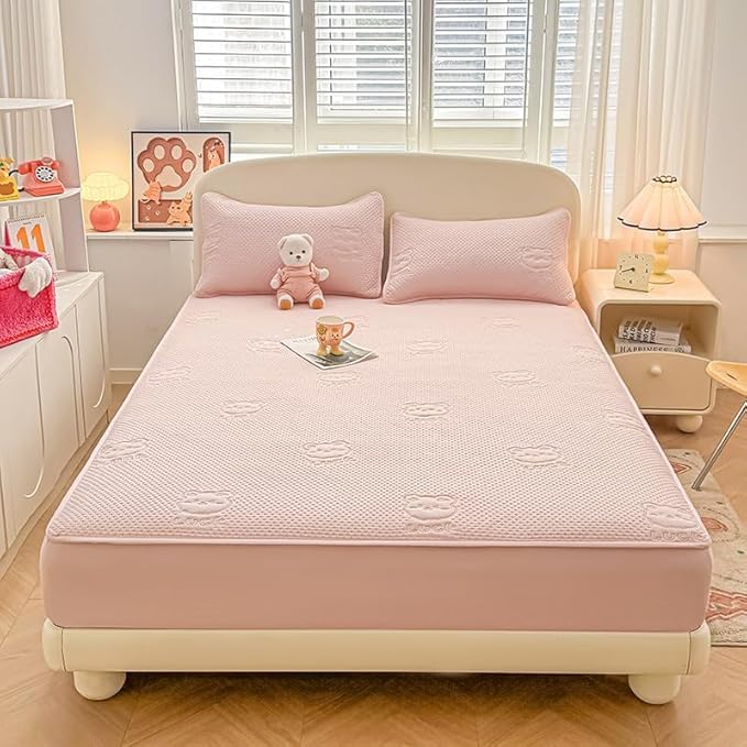 Waterproof Mattress Protector, Fitted Sheet with Stretchable Pockets, Deep Sleep Noiseless Soft Breathable, Mattresses Cover for Bed (Pink,Queen)