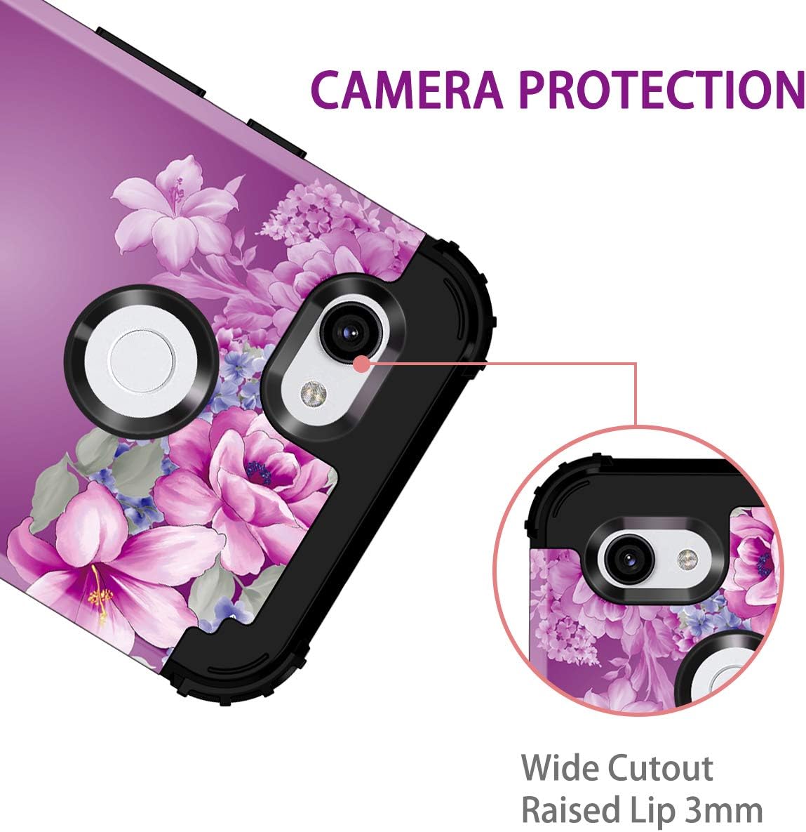 LONTECT for Google Pixel 3a XL Case Floral 3 in 1 Heavy Duty Hybrid Sturdy High Impact Shockproof Protective Cover Case for Google Pixel 3a XL 2019, Black/Purple Flower