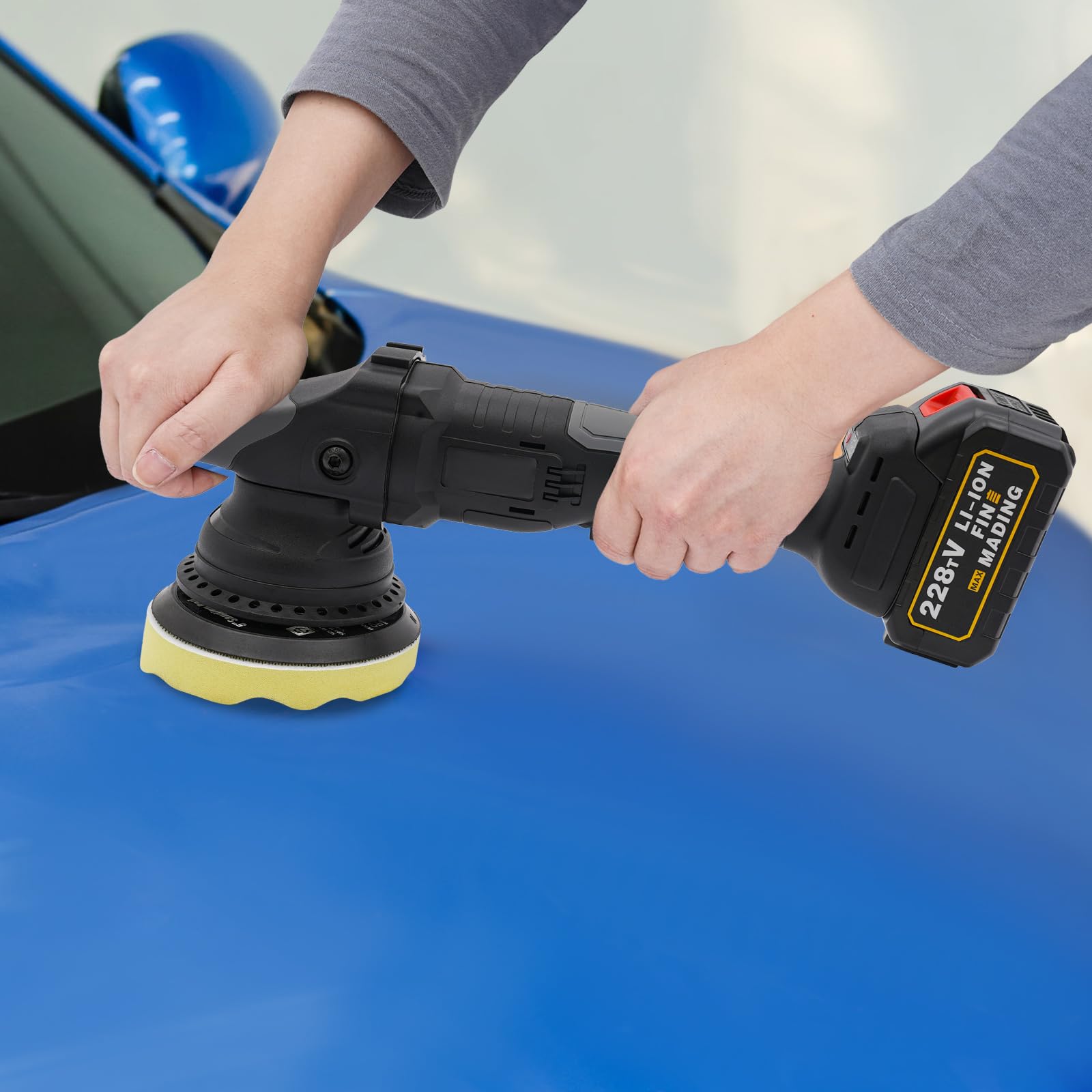 Eccentric Poliermaschine mit Lithium Batterie und Bürstenlosem Motor für Autopflege 55 Minuten Arbeitszeit 3 Gänge Geschwindigkeitsregelung 2 Akkus Polierschwämme und Poliertücher im Set