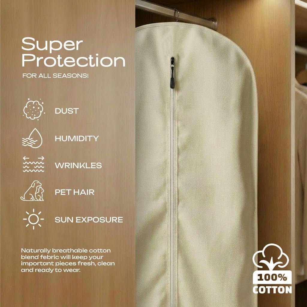 Beige Cotton Garment Bags 24 x 42 Inches with Zipper - Dust Proof Closet Organizer, Easy Storage Travel Bag, Garment Protector for Dress, Suit, and closet storage