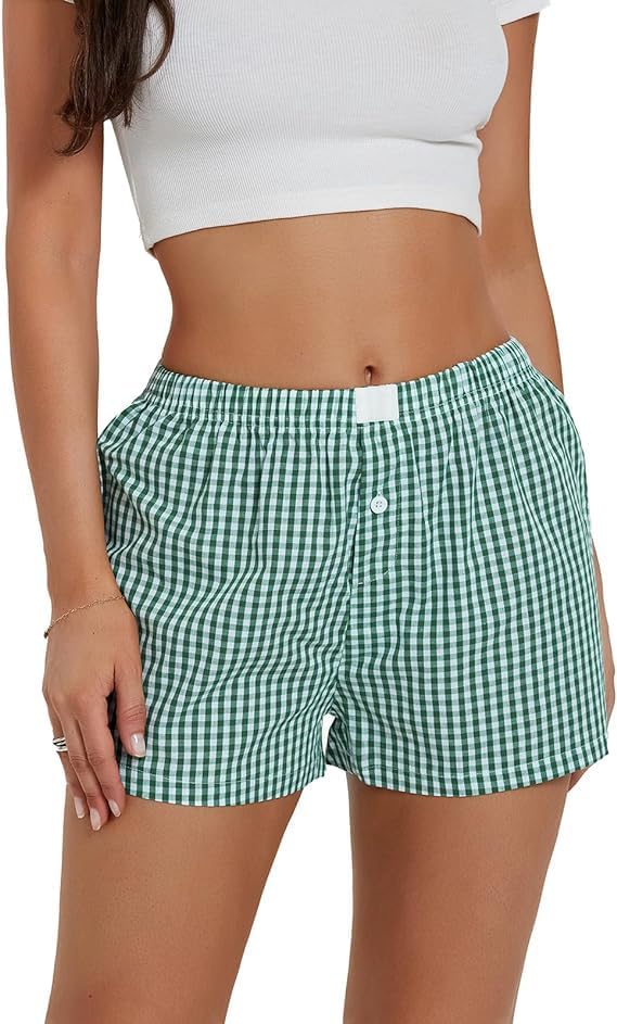 Women's Lounge Shorts Cute Soft Elastic Low Waist Plaid Print Button Front Pajama Bottoms Boxer Shorts Sleepwear
