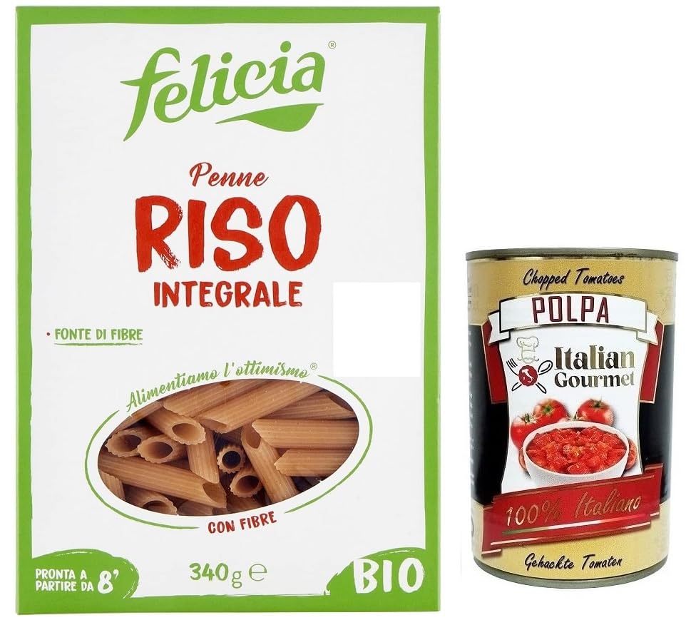 Felicia Penne di Riso Integrale - Pasta con arroz 100% marrón de la cadena de suministro italiana, orgánica y natural, sin gluten, paquete de 340 g + lata italiana gourmet Polpa di Pomodoro de 400 g