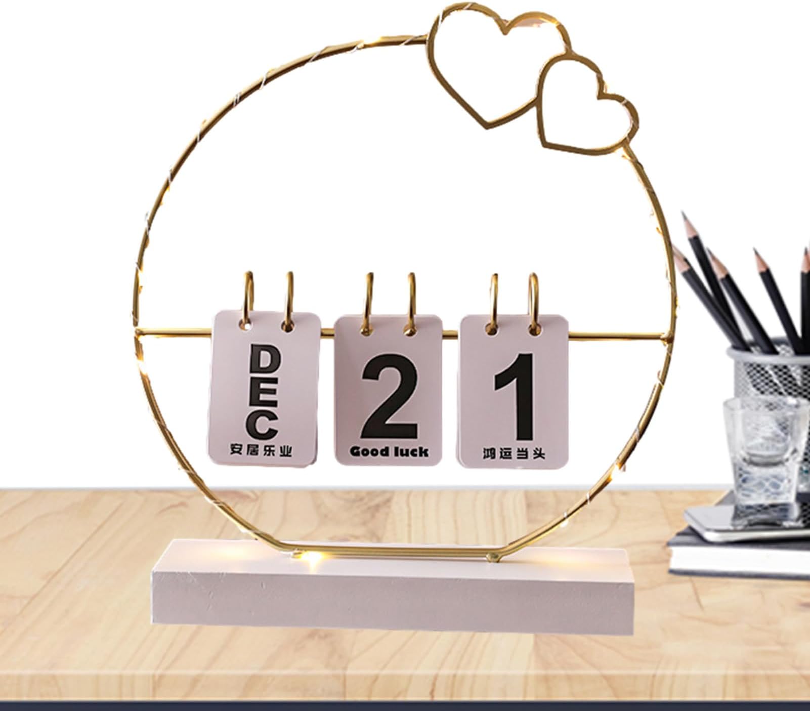Perpetual Calendar,LED Metal Love Valentine Calendar | Modern Daily Desktop Calendar Wooden Stand for Home Decor, Reusable and Foldable Gruwkue